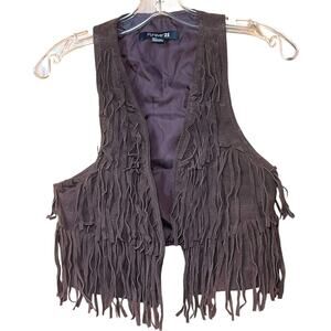 Forever 21 Brown Leather Fringe Vest Suede Western Boho Festival Open Front S/P